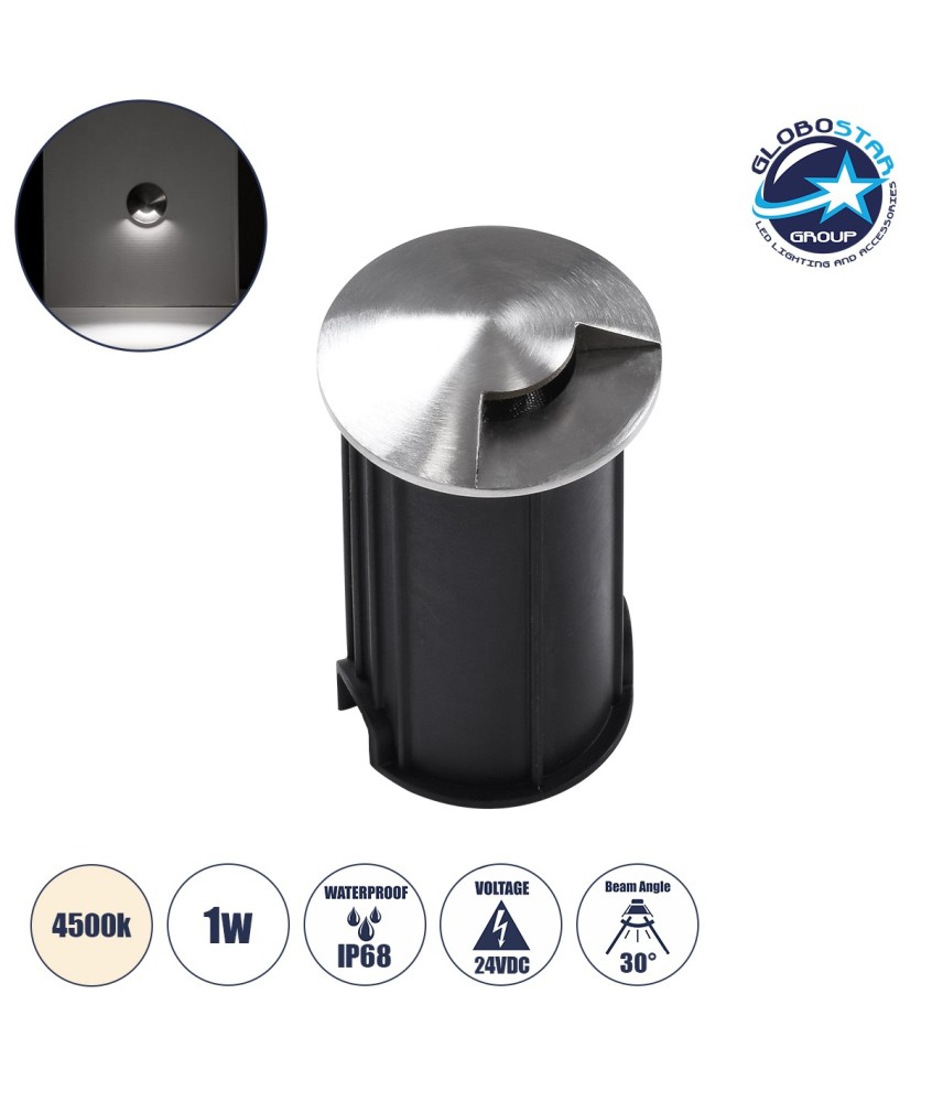 GLOBOSTAR® UNDERGROUNDRENA 90661 Φωτιστικό Σκαλοπατιού - Διαδρόμου LED 1W 115lm 30° DC 24V Αδιάβροχο IP68 Φυσικό Λευκό 4500K Dimmable - Bridgelux SMD Chip - Ανοξείδωτο Ατσάλι 304 - Μ5 x Π5 x Υ9cm - Q4.2cm - 3 Χρόνια Εγγύηση